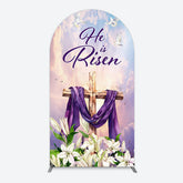 Aperturee - Aperturee Purple Sky Floral Cross He Is Risen Arch Backdrop